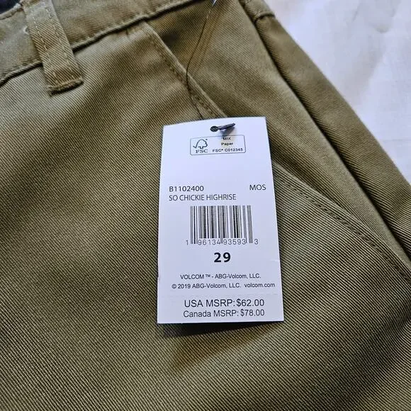 Volcom Women's Chickie High Rise Chino Pants Green Size 29 - Picture 3 of 8